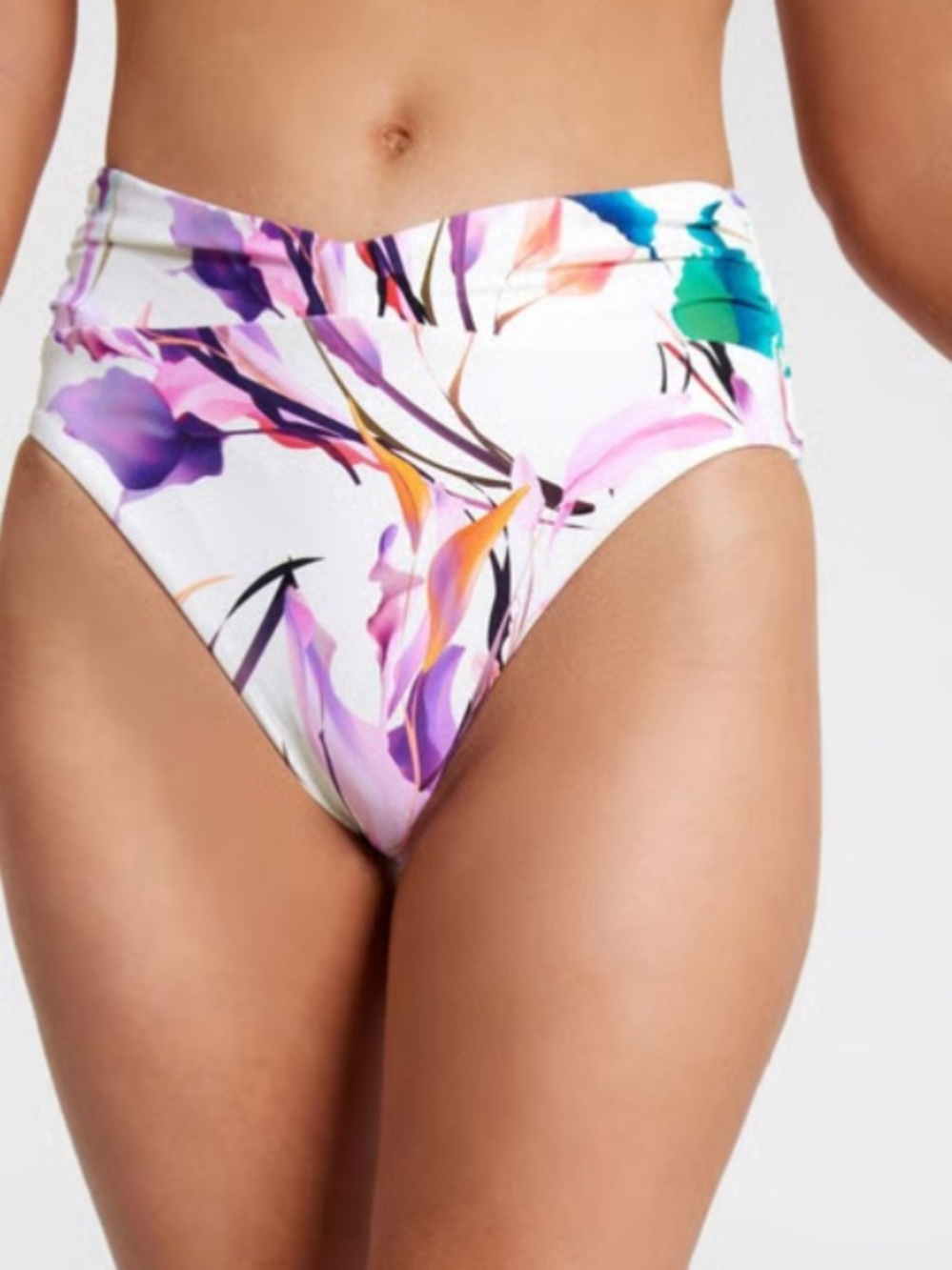 CALIA Women's Shirred V Front High Rise Swim Bottoms - Unbleached & Multi